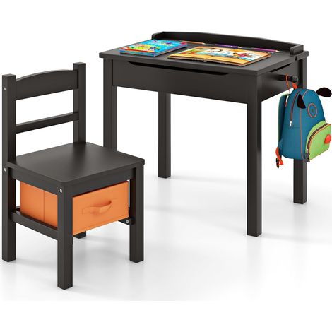 COSTWAY Table et Chaises Enfants en Bois avec Plateau Rabattable, Bureau Enfants avec Espace de Rangement, Crochet Latéral, Charge 70kg pour 3 Ans+, 59 x 40 x 55 cm (Noir) (1/5)