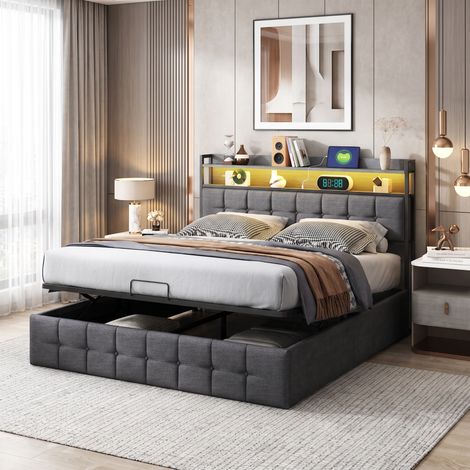 Superaly - Lit Coffre 140x190 cm avec LED et Ports USB – Rangement Hydraulique –Tête de Lit Rembourrée avec Cloison de Rangement - Sommier à Lattes – Cadre métal - Lin Gris – Lit Double Moderne (1/5)