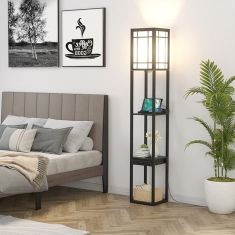 Lampadaire moderne noir en MDF avec abat-jour blanc, tiroir, 3 étagères et 2 ports USB pour salon et chambre (1/5)