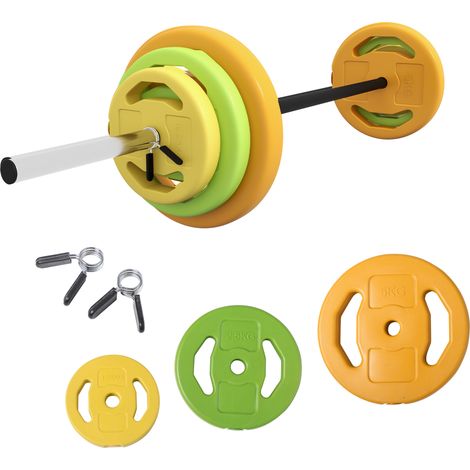 Set Bilanciere e Dischi da 20Kg Totali 6 Pesi 2 Clip di Fissaggio e Presa Antiscivolo in Metallo e PU Multicolore (1/5)