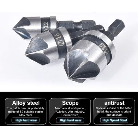 Set di 3 punte per trapano svasatore (12 mm/16 mm/19 mm) per lavorazione del legno, set di metallo a cambio rapido