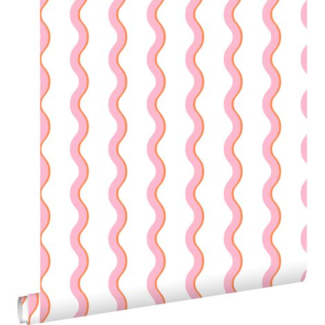 papier peint rayures ondulées rose, orange et blanc  - ESTAhome