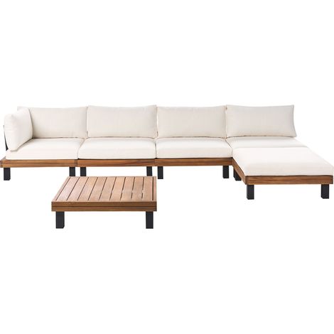 Set divano angolare modulare da giardino Tavolino in legno di acacia con Cuscini in poliestere bianco sporco Frazzano (1/5)