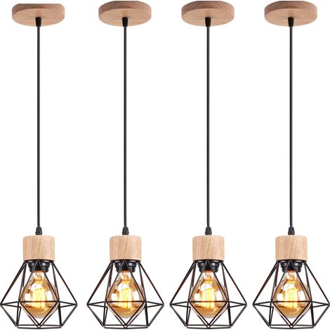 Pendant Light in Cage Diamond Made of Metal E27 Ceiling Light in Wood for Kitchen Island Dining Room Black 4PCS (1/5)