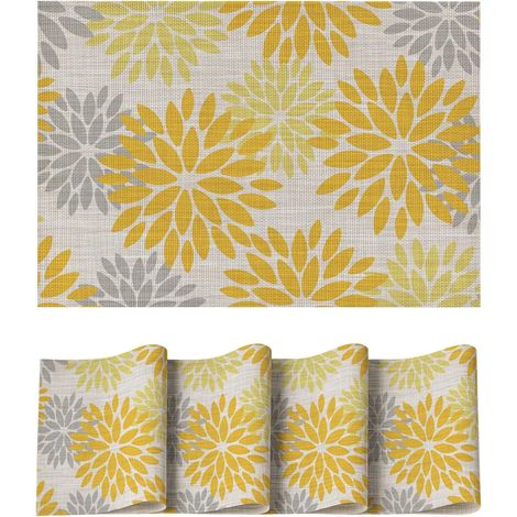 Lot de 4 sets de table PVC fleurs jaunes dahlias, 30x45cm, résistants saleté et chaleur. (1/5)