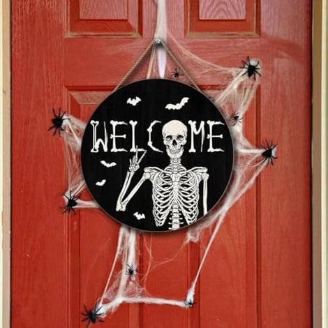 Panneau décoratif rond en bois avec squelette pour Halloween, à suspendre à une porte. Décoration murale effrayante pour Halloween, pour l'intérieur ou l'extérieur, 20 x 20 cm, noir. (1/3)