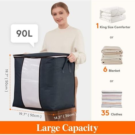 Grand sac de rangement pour vêtements avec poignée renforcée, tissu amélioré pour couettes, fermeture éclair robuste, fenêtre transparente, gris, lot de 3, 50 x 36 x 50 cm