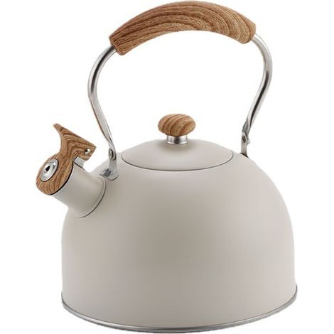 Bouilloire à thé sifflante de 2,5 litres, en acier inoxydable avec poignée pliable imitation bois, idéale pour le thé et le café. (1/5)