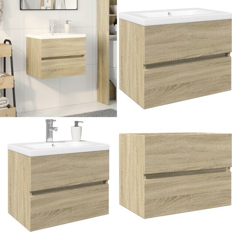 Ensemble de meubles de bain 2pcs céramique et bois d'ingénierie - Meuble De Salle De Bain - Meuble Vasque - Armoire Salle De Bain - Rangement Salle De Bain - Évier Céramique - Home & Living (1/5)
