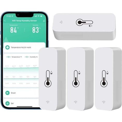 Hygromètres WiFi 4 unités pour intérieur/extérieur – Capteurs température & humidité sans fil avec alertes push via appli Tuya (1/5)