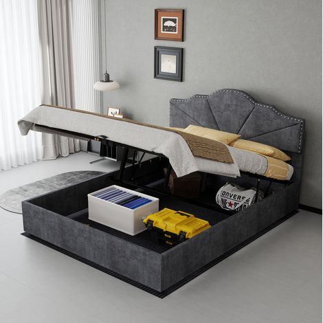 Bett modern minimalistisch 140x200 cm, grau, Stoffbezug, geometrisches Kopfteil, Stauraum mit Gasdruckfeder (1/5)