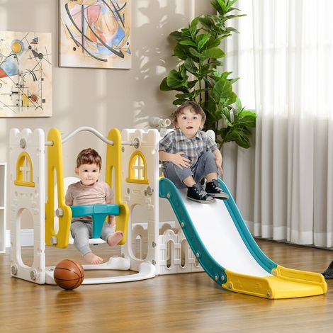Tobogán Infantil 6 en 1 con Columpio y Tobogán Telescopio Aro de Baloncesto Espacio de Almacenamiento Multicolor (1/5)