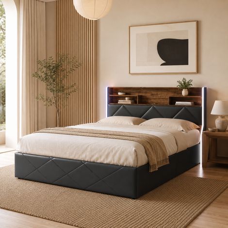 Lit 160x200 coffre, lit adulte en hydraulique avec LED et USB/Type C, Cadre de Lits Capitonnée 2 Personnes, tête de lit rangement en PU, Noir, sans matelas, MDF, avec barre de maintien pour matelas (1/5)