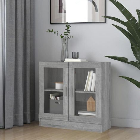 Vitrinenschrank Sonoma Grau mit 2 Fächern und Glastüren (1/5)