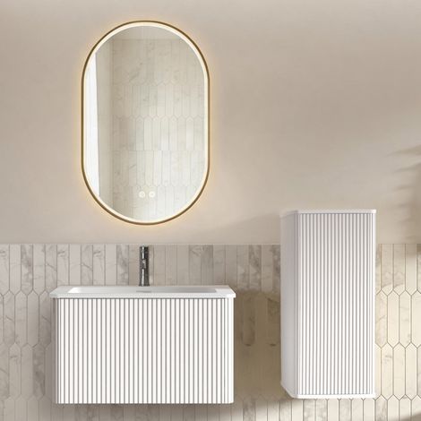 Ensemble de meubles de salle de bains avec lavabo, meuble vasque et miroir LED, meuble sous-vasque mural de 80 cm de large avec vasque, miroir de salle de bains ovale à cadre doré, blanc (1/4)