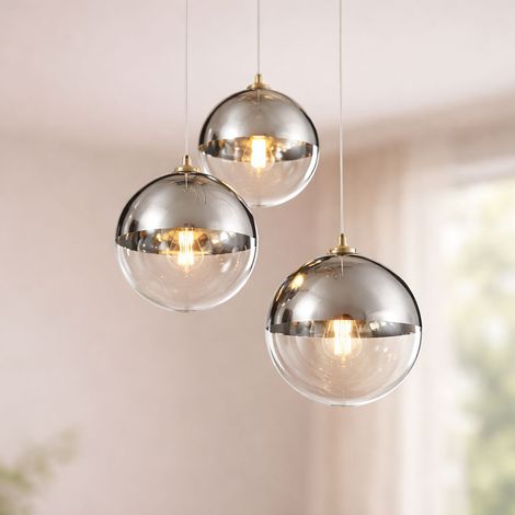 Hängeleuchte Hängelampe Pendelleuchte Kugellampe Esszimmerleuchte Schlafzimmer, 3 flammig, Metall Glas Chrom Nickel matt, 3x E27 Fassungen, DxH 51x120cm