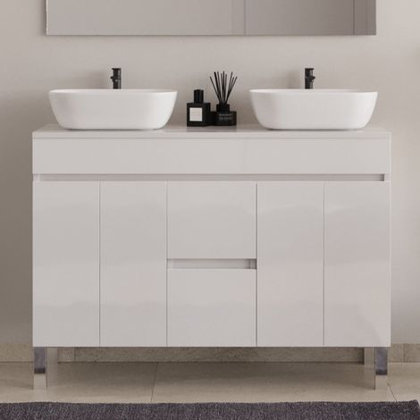 Meuble de salle de bain 120cm sur pieds avec plateau et deux cuves à poser arrondies - sans miroir - portes et tiroirs - blanc - HARO (1/5)