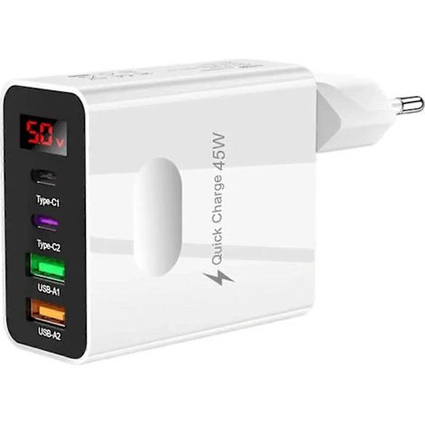 Chargeur rapide à 2 ports USB-C 45 W, chargeur mural multi-connecteurs, adaptateur de charge 2 USB, blanc numérique (1/5)
