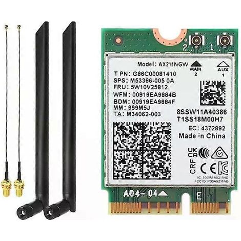 Adaptateur WiFi 6E AX211NGW, carte Wi-Fi sans fil compatible Bluetooth, 24G/5G/6G, 5374 Mbps, antenne M2 Key-E, CNVIO2-JXLGV (1/4)