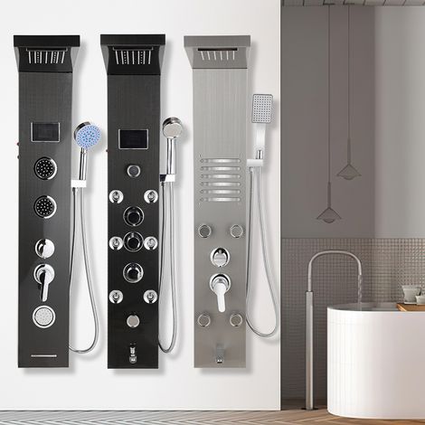 Jiubiaz Panel de ducha 5 en 1 acero inoxidable 304 114.5x50x20 cm plateado, LED, ducha de lluvia, cascada, masaje dorsal, ducha de mano 1.5 m, conexión G1/2 (1/5)