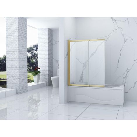 Pare-baignoire rabattable SPENCER Silla, paroi de baignoire 85x150 cm en verre trempé, installation murale facile, design moderne, Doré brossé (1/5)