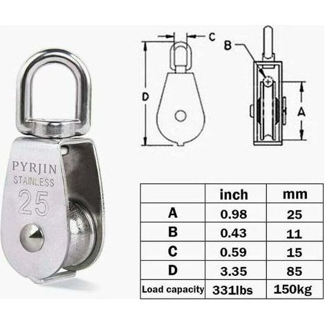 Seilzug, Heberolle, 2 M25 Einzelrolle 304 Edelstahl, (1/4)
