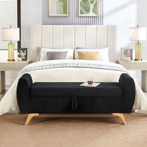 Banc en velours côtelé avec rangement et pieds en bois 145 x 51 x 57 cm noire OKWISH (1/5)