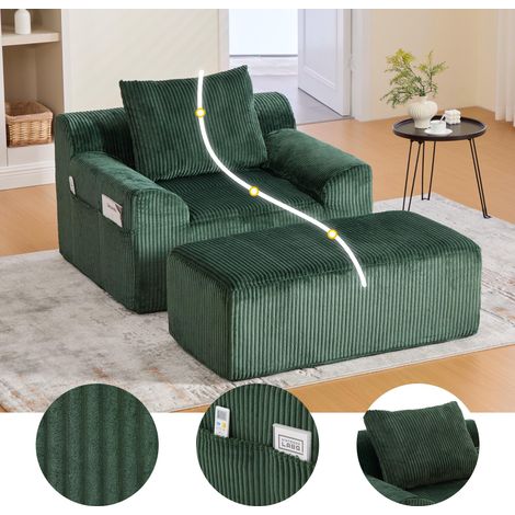 Fauteuil 1 place extra-large en velours côtelé vert foncé, avec repose-pieds, poches latérales et coussin. Sans cadre, doux, pas d’assemblage nécessaire. Idéal pour se détendre et lire. (1/5)