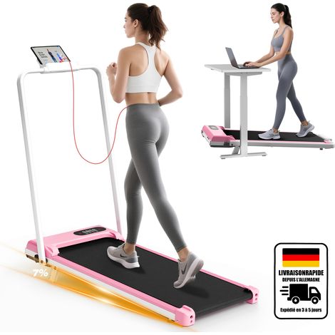 Klappbares Laufband für Zuhause, 1-8 km/h, tragbares Laufband mit Fernbedienung und LED-Anzeige, 1400-W-Motor, keine Montage erforderlich (Pink) (1/5)