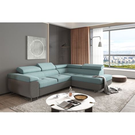 Ecksofa Sofa JADE Stoff Sawana Dunkelgrau-Meeresgrün mit Schlaffunktion Ottomane Rechts (1/2)