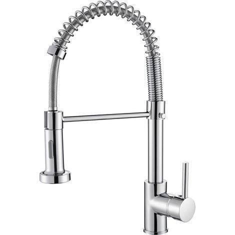 Robinet de cuisine avec mécanisme à ressort, douchette extractible, fonction pivotante à 360°, 2 jets, mitigeur monocommande avec bec haut et faible pression d'eau (chrome) (1/5)