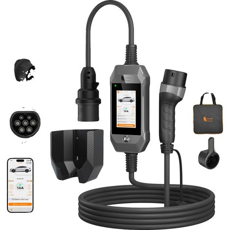 Cargador para vehículos eléctricos, pantalla táctil inteligente, diseño portátil, gris técnico. (1/2)