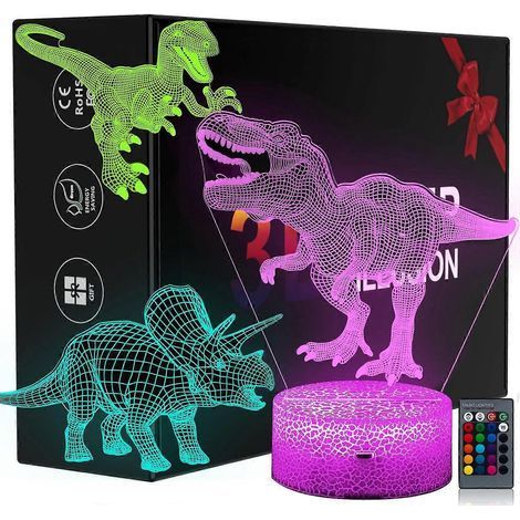 Veilleuse dinosaure 3D pour garçons - 3 motifs et 16 couleurs tactiles avec télécommande, veilleuse dinosaure pour chambre de garçon, illusion 3D dinosaure (1/5)