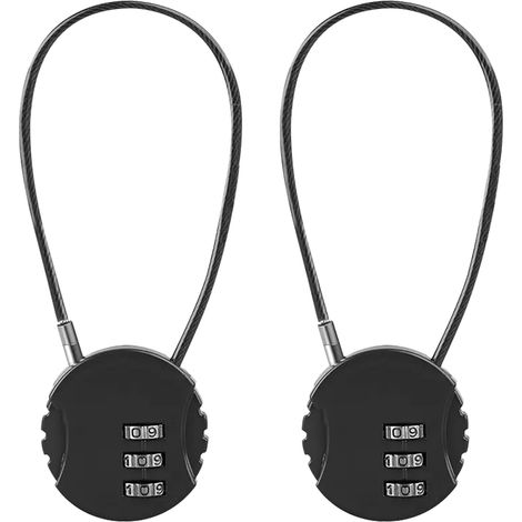 2er-Pack 3-stelliges wasserdichtes Outdoor-Kombinationsvorhängeschloss, Spindschloss, Fitnessstudio-Schloss, Mini-Metallkabel-Kombinationsvorhängeschloss (Schwarz)