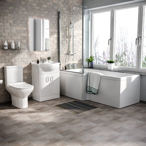 Warton L-Shaped Left Hand Side Bath Set, Front Panel, Bath Screen, Rimless Open Back CC Toilet, 550mm Floor Standing Vanity Unit White, Taps & Shower (1/5)