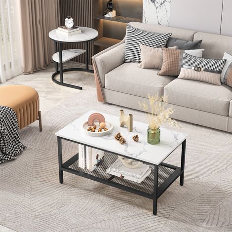 2er Set Couchtisch Rund mit 2 Ablagen, Marmoroptik Tischplatte, Metallgestell, Skandinavischer Stil, Schwarz