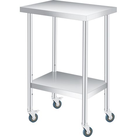Table d’appoint externeérieure en acier inoxydable 201 – 2 niveaux, étagère inférieure réglable – Roulettes verrouillables – Idéale pour cuisine, garage, atelier ou bureau – 14x24x35 pouces – Double c