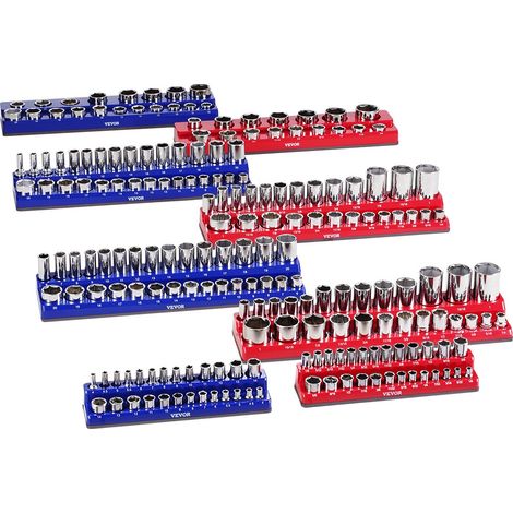 Kit Organisateurs Douilles Magnétiques, 8 Plateaux de Douilles Métriques SAE 1/4'', 3/8'', 1/2'', Étiquettes Transparentes, Capacité 199 Douilles Standard Profondes Non Incluses, Bleu & Rouge (1/5)