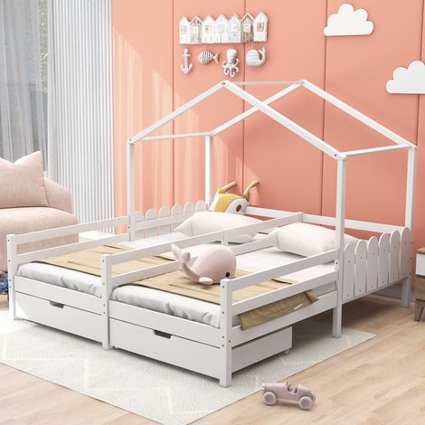MEUBLIV Lit cabane double enfant avec toit deux tiroirs sur roulettes cadre en pin blanc 200 x 90 cm (1/5)