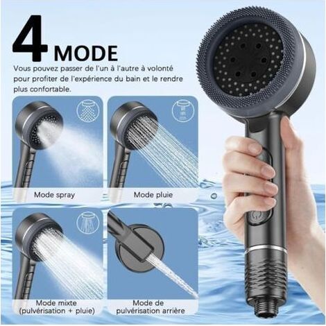 Pommeau de douche haute pression, pommeau de douche économique en eau avec 4 jets, traitement anticalcaire, flexible de douche de 1,5 m avec support, gris