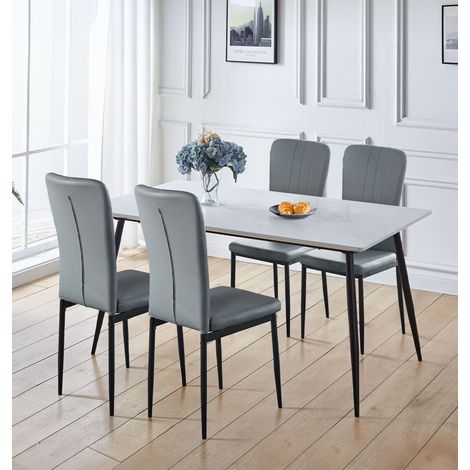 Hallowood Furniture Cullompton Large Dining Table and Chairs Set 4, (1.6m) White Marble Effect Kitchen Table and Chairs in Grey Faux Leather Upholstery and Metal Legs, Dining Set for Home & Café (1/5)