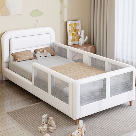 Cama tapizada moderna 90x200 cm blanca en MDF y PU, con cabecero, barandillas de seguridad y somier de láminas