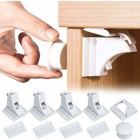 Verrouillage de tiroir pour bébé - Sécurité enfant - Verrou de placard - 4 Serrures + 1 Clé auto-Adhésive - Serrure Invisible pour Armoire et Tiroirs (1/4)