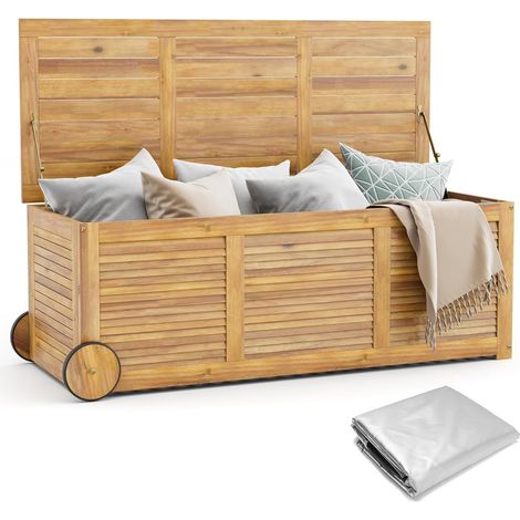 COSTWAY Gartenbox Holz, Auflagenbox mit Rollen, Aufbewahrungsbox mit wasserdichter 2-in-1-Abdeckung und Griff, Kissenbox, Gartentruhe für Garten, Balkon, 127 x 50 x 45 cm (1/5)