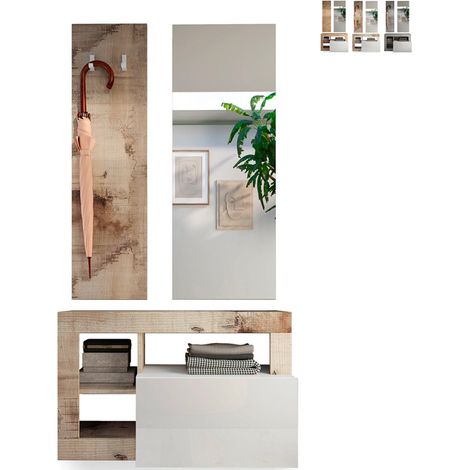 Set mobili ingresso moderno scarpiera appendiabiti specchiera Claire - Legno Naturale