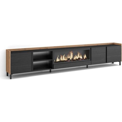 Mueble TV Bobadilla-02 de 315x61x35 cm con chimenea y luces LED, diseño industrial, color negro y roble (1/4)