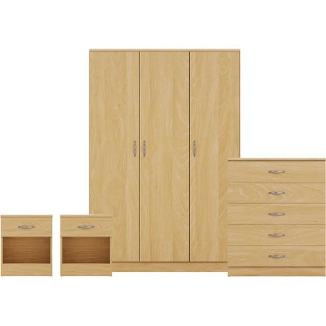 Riano 4 Piece Bedroom Set (1 Drawer Bedside Chest, 5 Drawer Chest, 3 Door Wardrobe), Pine (1/3)
