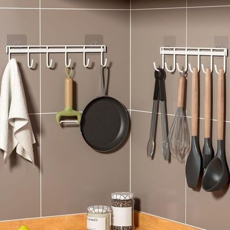 (Bianco) Set di 2 portautensili da cucina, ripiano portautensili con 6 ganci, organizer per cucina/bagno senza foratura (1/5)