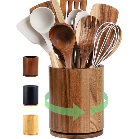 Porte-ustensiles en bois – Rotatif 360° – Grand 7,3 pouces – Organisateur de plan de travail – Marron (1/5)
