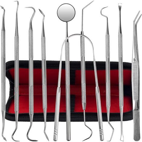Kit de 10 outils dentaires en acier inoxydable, pour éliminer plaque et tartre, avec grattoirs et outils de nettoyage dentaire (1/5)